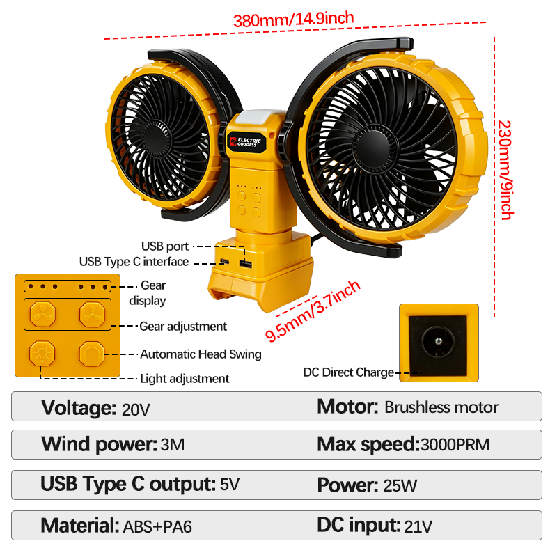 3000RPM ポータブルデュアルヘッドファン 360 °  - Power Tools Book のレビューと価格